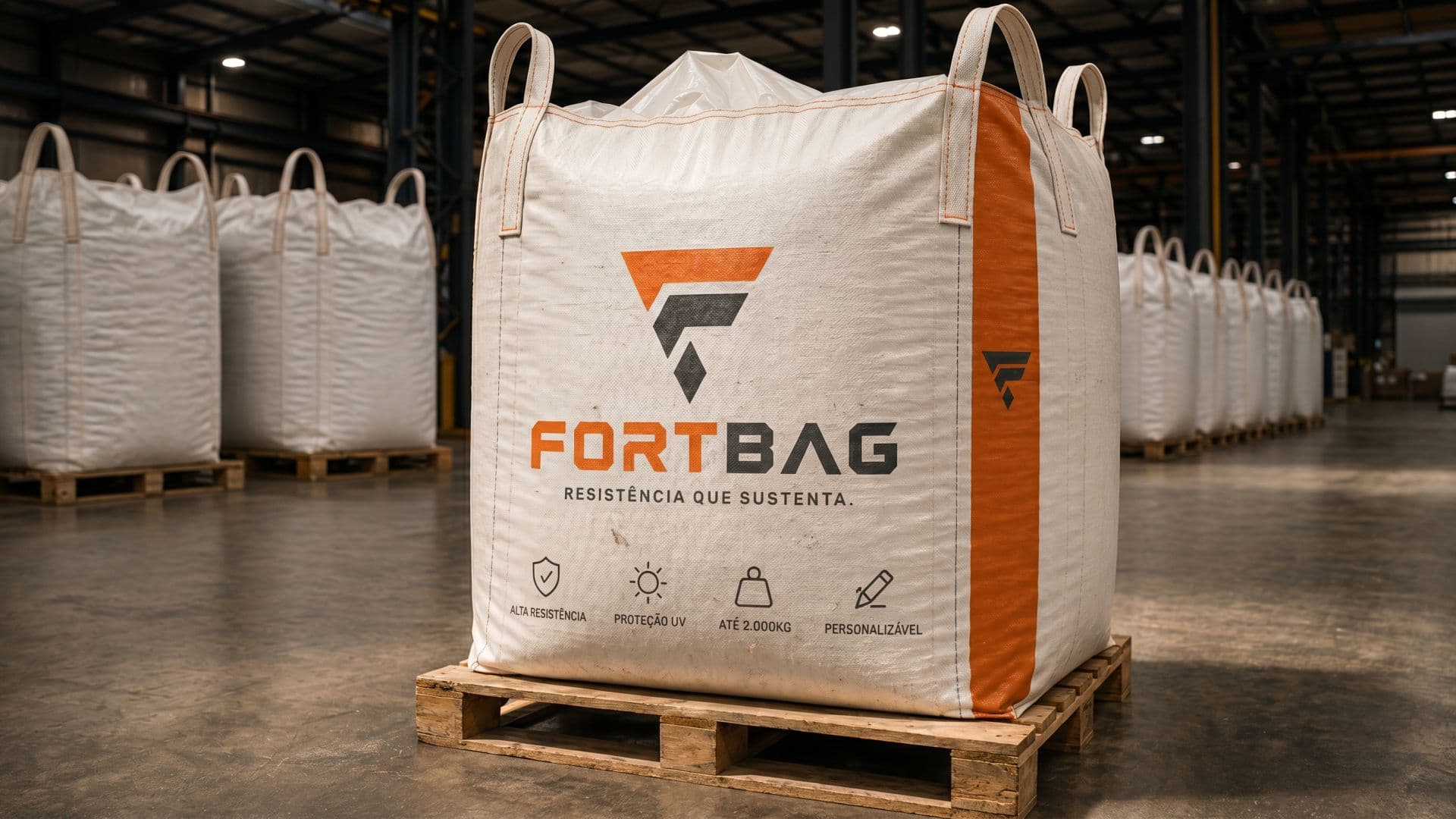Big bag industrial FortBag em galpão — branding e identidade visual desenvolvidos pela Inovarmidia