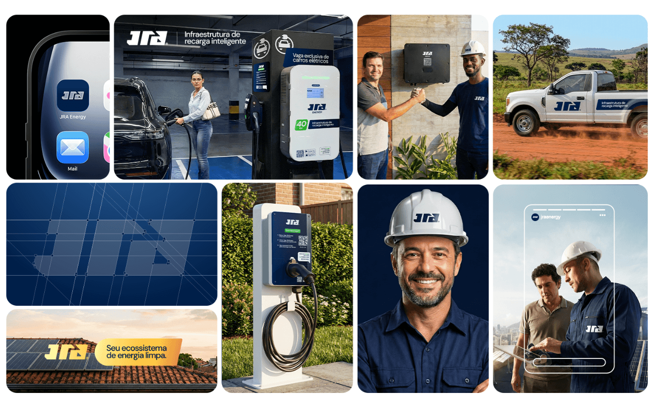 Aplicações do rebranding da JRA Energia: placas solares, EV charger, uniforme, caminhonete e materiais digitais